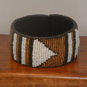 New Women's African Gold & White Beaded Wide Leather Bracelet